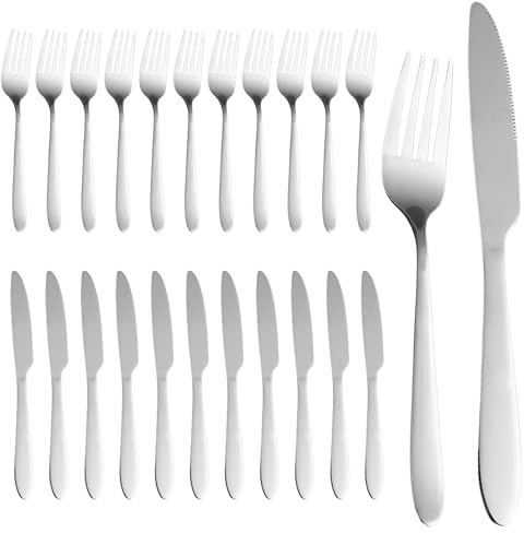 Lot de 24 couverts à steak en acier inoxydable pour 12 personnes, couteaux et fourchettes, couteaux de table et fourchettes de table, polis miroir et passent au lave-vaisselle, couverts pour la maison