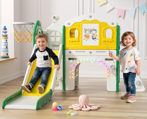 BIERUM 9 in 1 Toddler Slide Set - Baby Slide for Toddlers 1-3 with Colorful Lights, Drawing Board and Building Blocks Board, Indoor Outdoor Toddler Playset Playground, Green Yellow