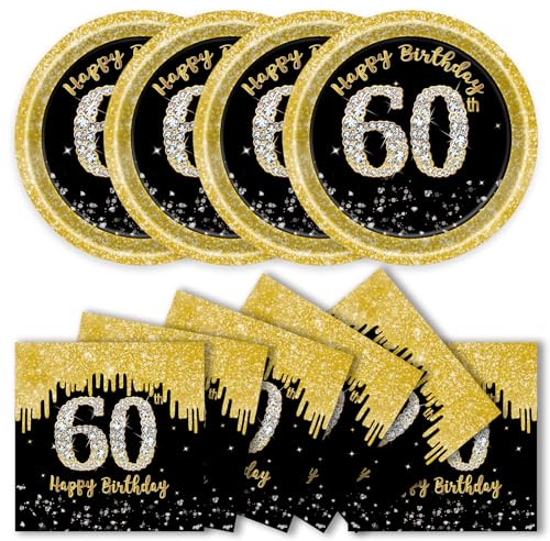 DHAIQC 50 Stück 60. Geburtstag Partygeschirr Set, 60. Geburtstag Partyteller und Servietten Schwarz Gold Pappteller Party Geburtstaggeschirr für Mann Frau Birthday Deko (60th)