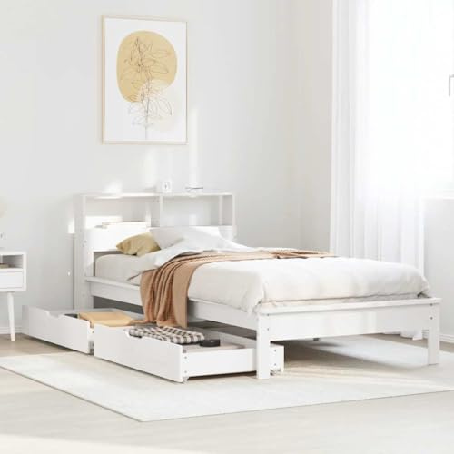 Teenpull Massivholz Bettgestell aus Kiefer, Weiß, 90x200 cm, mit integriertem Kopfteil Regal und 2 Bettschubladen, Stabiler Bettrahmen für Schlafzimmer Möbel, ohne Matratze, Lattenrost inklusive.