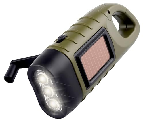 Dozylive Lampe Torche Solaire, Lampe de Poche LED d’Urgence avec Mousqueton, Lampe Dynamo Manivelle Portable pour Plein Air Camping Pannes de Courant Cyclisme Équipement d'urgence Vert