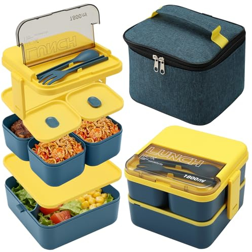 Clickinline Bento Lunch Box, 1800ML Lunch Box with Compartments, 2 Layer Bento Box with Insulated Bag & Cutlery, Leakproof Lunch Box Adults, Kids, School, Picnic(Blue)