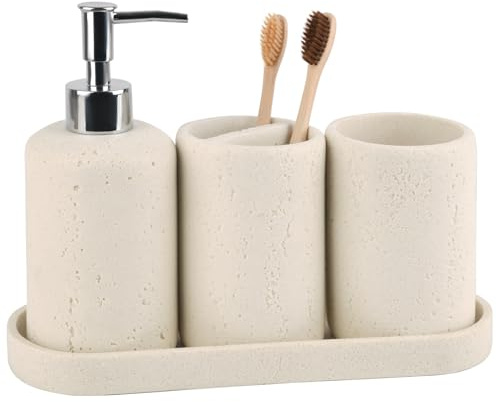 Bathroom Accessories Set,4 Piece Travertine Stone Look Bathroom Accessory Set with Soap Dispenser,Toothbrush Holder,Vanity Tray,Tumbler,Bathroom Organizer for Modern Bathrooms - Beige