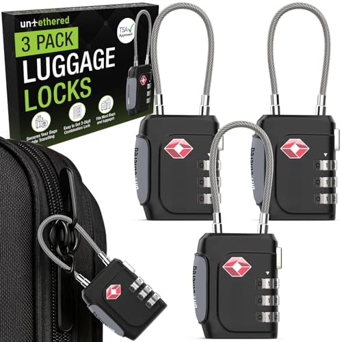 Untethered TSA Approved Luggage Locks, 3-Pack Resettable Combo, Black