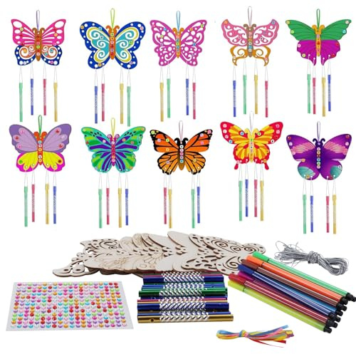 JOYHAVEN 10 Stück Schmetterling Windspiel Bastelset Kinder,Windspiel Bastelset Kinder mit 12 Stk Stift,Butterfly Basteln Holz Bastelhandwerk Dekoration für Geburtstag Frühling Mädchen Junge