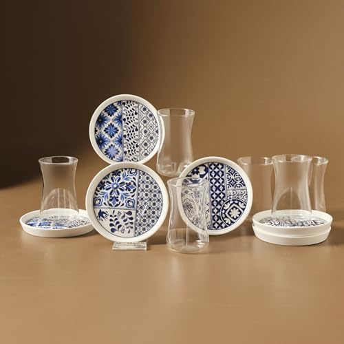 KARACA Portela 12Pcs Bone China Turkish Tea Set 6 People 170ml Glass | 12 Piece Turkish Tea Glass Set for 6, Fine Bone China Decorative Saucers, Traditional 170ml Slim Waist Cups, Dishwasher Safe