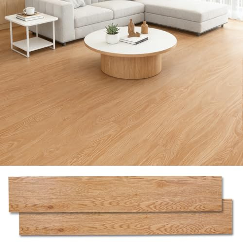 Floor Tiles Self Adhesive, 36Pcs 5.02m² Vinyl Flooring Wood Effect Peel and Stick Tiles, Waterproof Floor Stickers 2 mm Thick for Kitchen Living Room Bedroom Bathroom Office, 91.4x15.2cm (Yellow Oak)