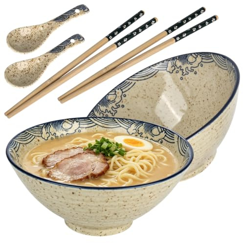 2xRamen Schüssel Set,1200 ml Keramik Ramen Bowl mit Essstäbchen und Löffeln | Große Suppenschüsseln, Japanischer Stil, Retro-Porzellan, Mikrowelle & Spülmaschinenfest