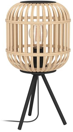 EGLO Tischlampe Bordesley, 1 flammige Tischleuchte Vintage, Natur, Boho | Hygge, Nachttischlampe aus Stahl in Schwarz und Holz in Naturfarben, Wohnzimmerlampe, Lampe mit Schalter, E27 Fassung