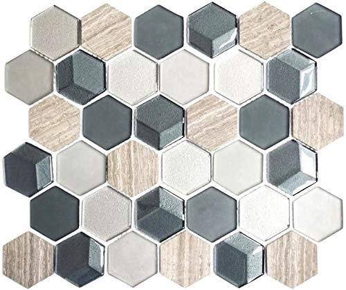 Mosaik Fliese grau Hexagon Glasmosaik Crystal Stein für WAND BAD DUSCHE KÜCHE FLIESENSPIEGEL THEKENVERKLEIDUNG BADEWANNENVERKLEIDUNG Mosaikmatte Mosaikplatte | 10 Mosaikmatten