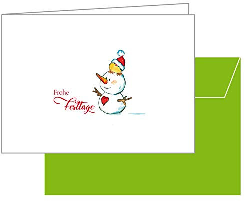 Weihnachtskarte Schneemann mit Geschenken mit liebevollen Aquarell-Bildern und grünen Umschlägen (8er Set gleiche Motive)