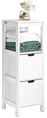 SoBuy Badezimmerschrank Kommode – Schmaler Badezimmerregal mit 2 Körben – Kompakter Badschrank für kleine Räume aus Holz, Stilvolle Badmöbel, Weiß, 30x89x30 cm, FRG127-W