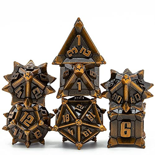 Cusdie - Set di dadi in metallo, 7 pezzi, poliedrici, design a girandola, per giochi di ruolo come D&D e Pathfinder, oro anticato