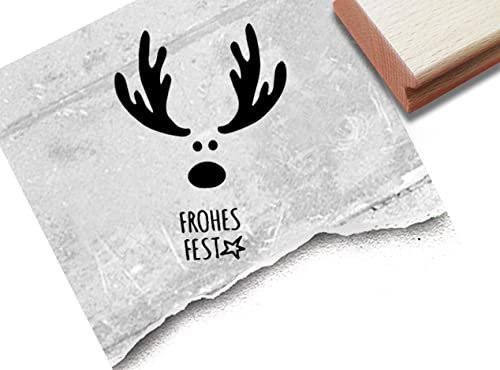 Stempel Weihnachtsstempel Red Nose Elch, Frohes Fest - Textstempel Weihnachten Rentier Karten Geschenkanhänger Basteln Weihnachtsdeko - zAcheR-fineT (groß ca. 57 x 78 mm)