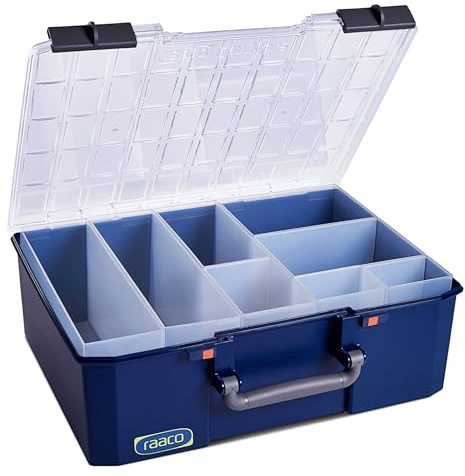 raaco CarryLite 150 5x8 leichte Werkstattaufbewahrungsbox mit 8 Kleinteileinsätzen Tragkraft 20 kg | Sichere Aufbewahrung | Transparenter Deckel | 33 x 14,7 x 33 cm