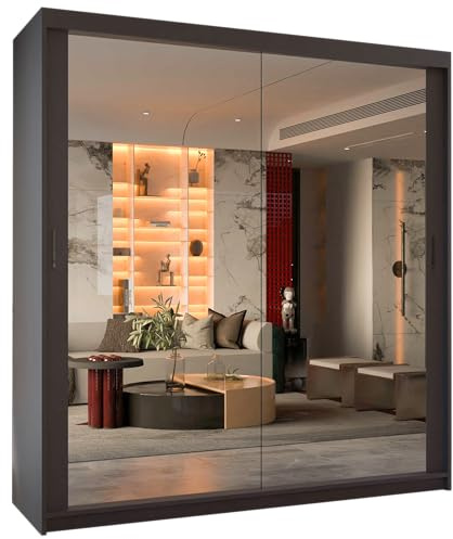 MN Furniture Double Sliding Doors Wardrobe Bedroom Furniture Cupboard Clothes Storage Organiser Hanging Rail Shelves (90 CM, GREY)