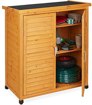 Relaxdays Armario Exterior 3 Baldas, Cobertizo Techo Inclinado, 2 Puertas, Herramientas, Madera, 97x86,5x47cm, Natural