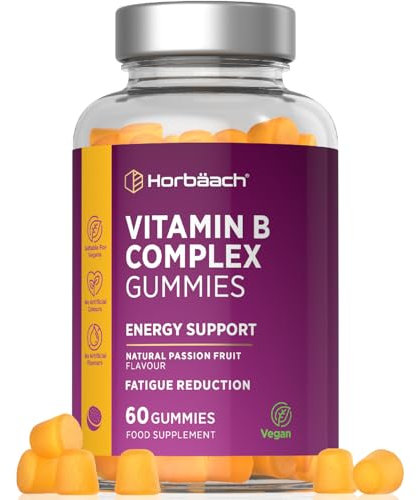 Vitamin B Complex Gummies | 60 Count - Tablet Alternative | High Strength Supplement with Vitamin B12, B6, B12, B2, B3, B5, Biotin, Folic Acid, Zinc and Iodine | Passion Fruit Flavour | by Horbaach