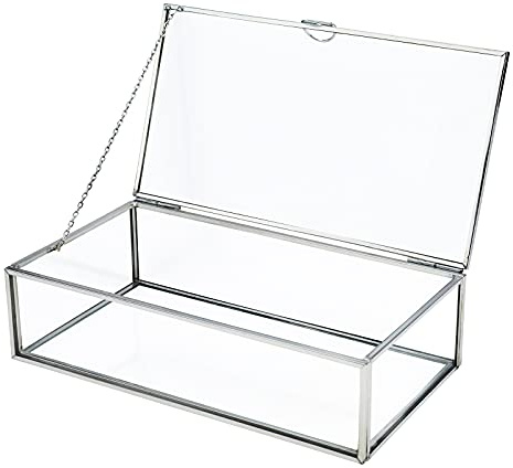Homtone 20x11x6cm Silber Vintage Glas Schmuckkästchen, Kupfer Dekorativer Schmuck mit Glasdeckel, Andenken, Organizer, Transparent Rechteckig Box für Hochzeit, Party, Home Dekoration