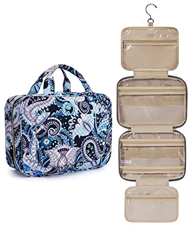 BAGSMART Toiletry Bag Travel Bag with Hanging Hook, Water-resistant Makeup Cosmetic Bag Travel Organizer for Accessories, Shampoo, Full Sized Container, Toiletries (Blue Paisley, Large)