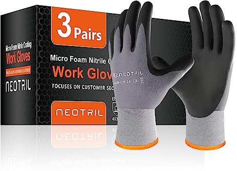 NEOTRIL Safety Work Gloves MicroFoam Nitrile Coated-3 Pairs, Seamless Knit Nylon Bulk Pack Working Gloves with Grip for Men Women Light Duty Work,Automotive,Warehouse (Gray,L)