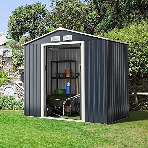 GiantexUK 7x4FT/9x6FT/9x8FT/11x8FT Metal Garden Shed, Outdoor Galvanized Storage House with 2/4 Vents & Lockable Sliding Doors, Slope Roof Utility Shed Building (7x4FT, 4 Vents)