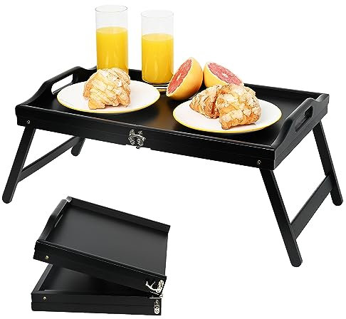 Bambus-Betttablett, zusammenklappbar, mit Griffen, Frühstückstablett, Serviertablett für Sofa, Bett, Essen, Snacks und Arbeiten, schwarz
