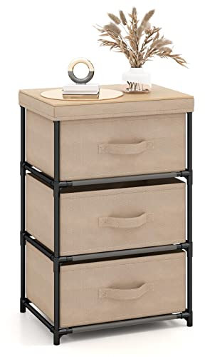 GIANTEX Nachttisch Kommode mit Schubladen, Wohnzimmerschrank Nachtschrank aus Stoff & Metallrahmen, Beistellschrank Schubladenschrank 3 Etagen mit großem Tablett, kleine Kommode Nachtkommode (Braun)