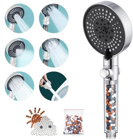 GEFIRE Duschkopf mit Filter Silber Handbrause Brausekopf Dusche Duschkopf DruckerhöHend Duschkopf Wassersparend mit Duschfilter PP Filter Baumwolle Free Duschkopf Mineralperlen