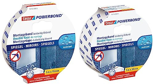 tesa Powerbond MIRROR - Doppelseitiges Montageband zur Fixierung von Spiegeln - 5 m x 19 mm & Powerbond MIRROR - Doppelseitiges Montageband zur Fixierung von Spiegeln 5 m x 38 mm