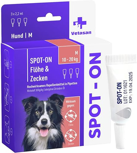 Vetasan Spot-ON für Hunde 10-20kg (M) | gegen Flöhe & Zecken | 3 Monate Schutz | HOCHWIRKSAM | Zeckenmittel für Hunde Zeckenschutz | Hundeflohmittel