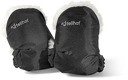 Fellhof Kinderwagen Handwärmer UNI, 100% Merino-Lammfell, wind- u. wasserabweisend, reflektierende Streifen, OEKO-TEX zertifiziert, Universalgröße für alle Kinderwagen schwarz