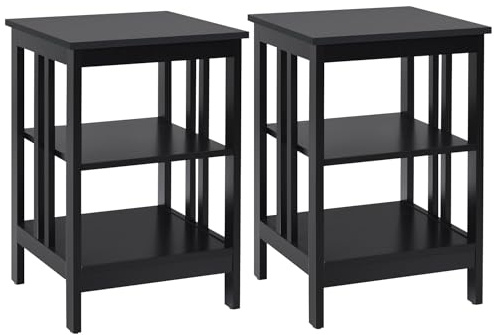 GIANTEX 2er Set Nachttisch, Beistelltisch 3 Ebenen, Sofatisch Couchtisch Holz, Kleiner Kaffeetisch Teetisch Wohnzimmertisch, Nachtschrank Nachtkommode 40x40x61cm für Wohnzimmer Schlafzimmer Schwarz