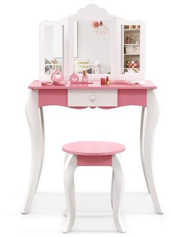 DREAMADE Schminktisch Kinder mit Hocker und 3 TLG. Spielzubehör, Prinzessin Frisiertisch mit Schublade & abnehmbarem Spiegel, Kosmetiktisch, Kinderschminktisch aus Holz für Mädchen ab 3 Jahren