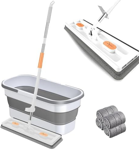 Trapeador plano grande con escurrido automático, cabezal de trapeador con rotación libre de 360°, uso en seco y húmedo, juego de cubo y trapeador para limpieza de pisos,White Bucket+White Mop +4 Rag