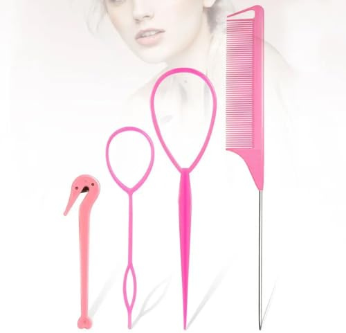 4 Pack Hair Braiding Tool, Topsy Tail Hair Tool, Ponytail Holders, Parting Comb hair Twister looping Tool, Looping Hair Braiding Tool with Rat Tail Comb, Fast Hair Styling Accessories for Hair Braid