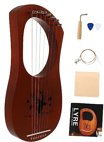 ibasenice Holzharfe mit 7 Saiten im Antiken Stil für Kinder Melodische und Helle Klänge Inklusive Zwei Plektren Geschenk im Retro Design in Kaffee Farbe