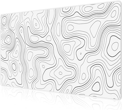 Anpollo Grand tapis de souris de gaming XXL, en caoutchouc antidérapant et imperméable, pour PC, étude, ordinateur portable, ordinateur gaming, maison, blanc, motif topographique, 900 x 400 mm