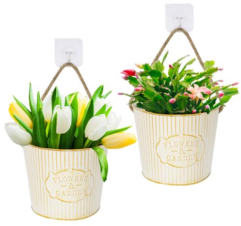 BOFUNX 2 Stücke Hängende Blumentöpfe Metall Vintage Blumentopf Hängeampel mit Juteseil Selbstklebend Haken für Blumen Pflanzen Wanddeko Gartendeko Wandvase