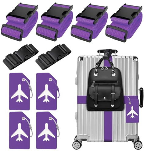 4 Stück Koffergurt & 4 Stück Kofferanhänger & 2 Stück Fügen Sie Eine Tasche Gepäckgurte Hinzu, Kofferband Gurt, Einstellbare Kofferbänder, Auffällig Luggage Strap für Koffer (Violett)