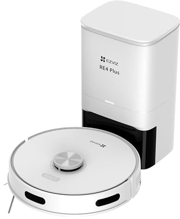 EZVIZ Aspirapolvere Robot e lavapavimenti combinato RE4 Plus, mocio pulitore, booster tappeti, auto-ricarica | Pulisce fino a 300 ㎡, Rilevamento cadute, con base di svuotamento automatico