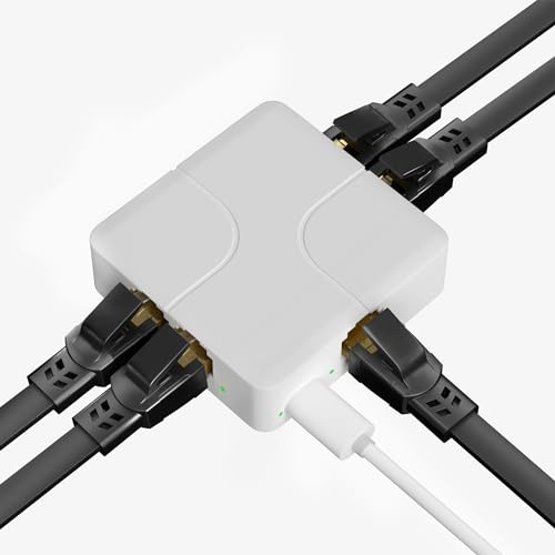 Gigabit Ethernet Switch 4 Port, Ethernet Splitter with USB Power Cable, Support 4 Devices Simultaneously Networking, 5 RJ45 Ports Splitter Adapter High Speed for Cat5/5e/6/7/8
