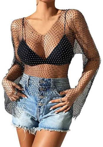 Sheer Mesh Tops for Women Long Sleeves Blouses Hollow Out Tops Sexy See-Through Crop Top Shiny Rhinestones Blouse V Neck Fishnet Crop Tops Slim Fit Transparent T-Shirt Beach Cover Up Party Clubwear