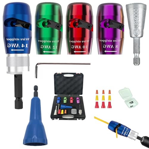 Pelacables para taladro, herramienta pelacables mejorada 7 en 1, pelacables para AWG 14-12-10-8, pelacables automático con hoja de repuesto y 9 tapas de alambre
