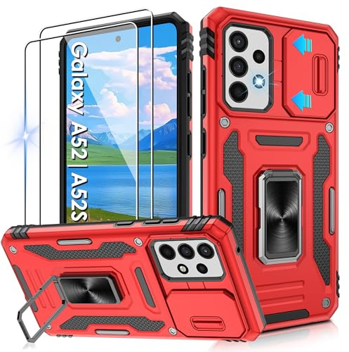 Jshru for Samsung A52S/A52 Case with Screen Protector-Camera Protective Cover,Ring Stand A52S Phone Case for Men and Women,Shockproof Bumper Phone Cover for Samsung Galaxy A52S/A52,Red