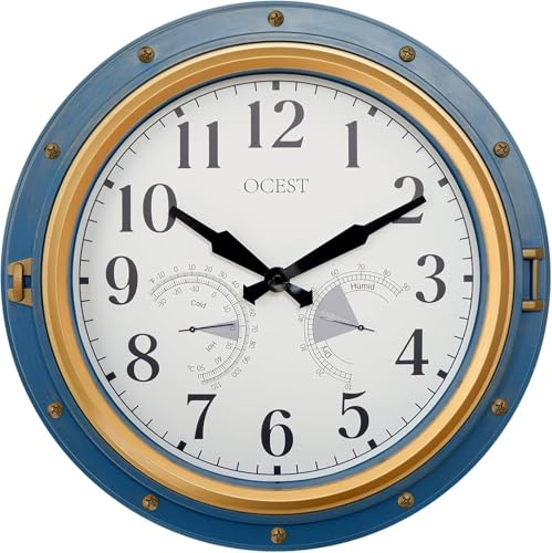 OCEST 16 Inch Indoor Outdoor Clock, Waterproof Wall Clock with Thermometer Hygrometer, Silent Non-Ticking Battery Operated Decor for Home Decor, Patio(Blue)