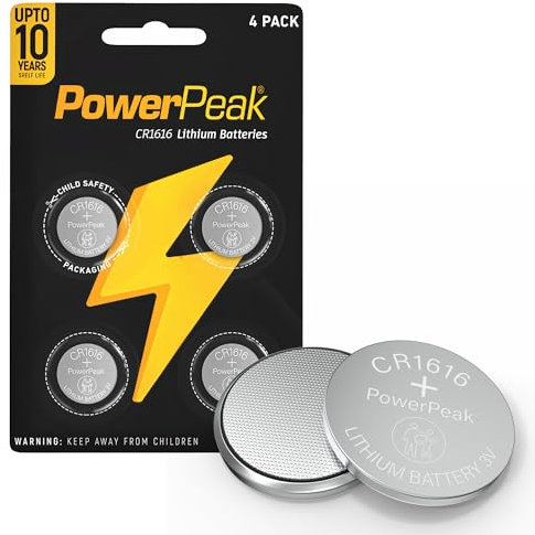 Power Peak DL1616, BR1616 Lot de 4 piles bouton CR1616 avec longue durée de vie de 10 ans au lithium 3 V