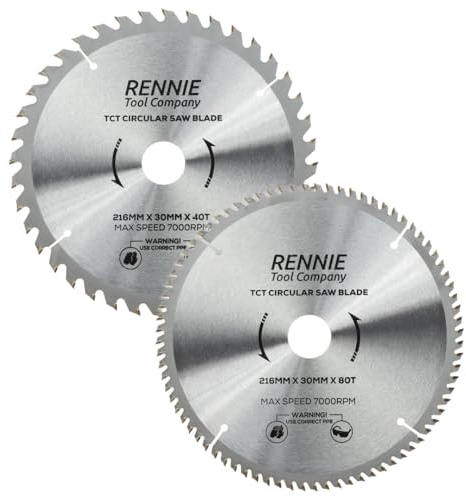 Rennie Tool 216mm x 30mm Bore x 40T & 80T TCT Circular Saw Blades (2 Pack) | For Bosch Makita Dewalt Circular Saws Etc. With 25mm 20mm & 16mm Bore Reduction Rings. 216mm x 40 & 80 Teeth Wood Saw Blades