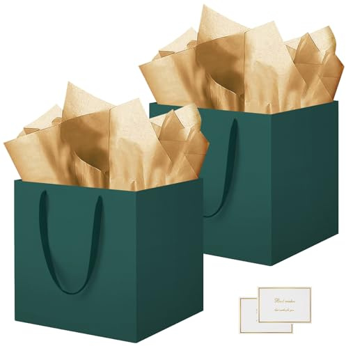 HONTIUS Sacchetto Regalo, 11.8'' Sacchetti Regalo, 2 Pezzi Quadrato Busta regalo grande con Carta Velina e Carte, 30 * 30 * 30cm Borsa Regalo Compleanno per Damigella d'onore Festa di Nozze Verde