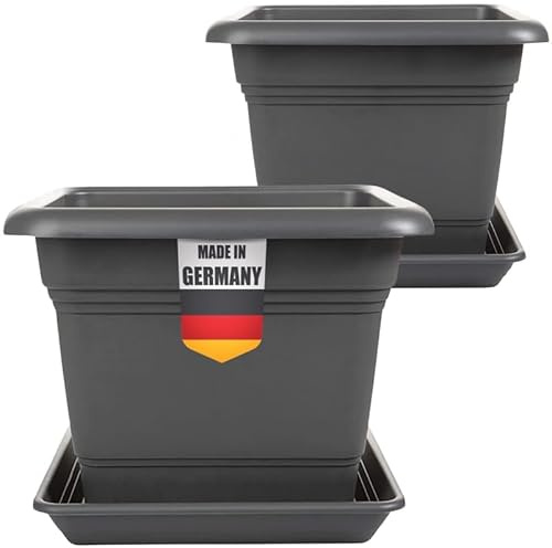 SUSTANIA 2er Set Blumentopf Gross mit Untersetzer 28x28 cm eckig, 16 Liter, Pflanzkübel Groß aussen, Tomaten Kübel Blumenkübel Pflanztopf, Made in Germany, Anthrazit